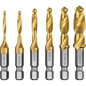 مجموعة 6 قطع (مترية M3-M10) من التيتانيوم لقم الحفر والصنبور، لقمة ثقب لولبية HSS SAE مقاس 1/4 بوصة مع أداة ثقب مركزية للحفر والتنصت والغطس in Kuwait