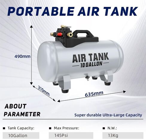 Portable Air Tank 10 Gallon Capacity with 27" Hose and Pressure Gauge,1/4" NPT Couplings in Saudi Arabia