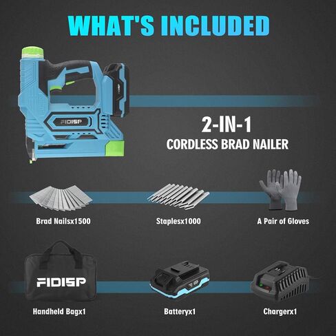 18 Gauge Nail Gun Battery Powered, 2 in 1 Cordless Nail Gun, 20V Cordless Brad Nailer/Stapler with Battery and Charger, A Storage Bag, 1000 Staples and 1500 Nail for Carpentry & DIY in Kuwait