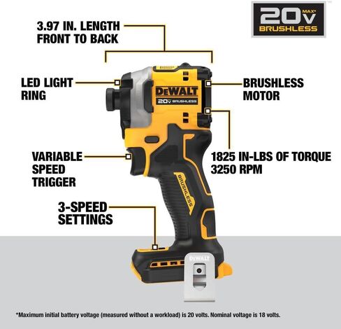 DEWALT ATOMIC 20V MAX* 1/4 in. Brushless Cordless 3-Speed Impact Driver one-pack Bare Tool (1pack ATOMIC 20V MAX Brushless 1/4 in. 3Speed Drive) in Kuwait