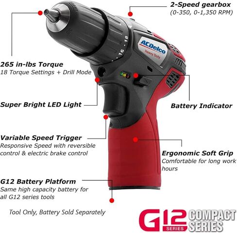 ACDelco ARW1209-K16 G12 Series 12V Li-ion Cordless 3/8" Rachet Wrench & Compact Drill Driver Combo Tool Kit in Saudi Arabia