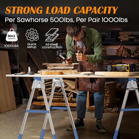 Adjustable Height Sawhorse 2 Pack, Folding Portable Saw Horses with 30-34 inch Adjustable Legs, Heavy Duty Steel Pro Bench Saw Horse for Woodworking, Carpenters, Contractors, Fully Assembled (blue) in Saudi Arabia