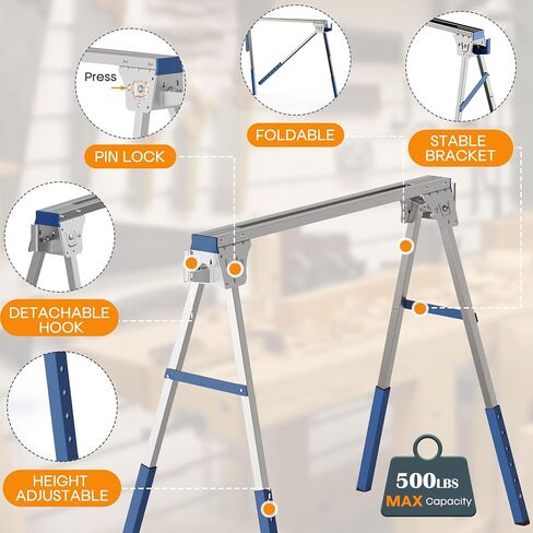 Adjustable Height Sawhorse 2 Pack, Folding Portable Saw Horses with 30-34 inch Adjustable Legs, Heavy Duty Steel Pro Bench Saw Horse for Woodworking, Carpenters, Contractors, Fully Assembled (blue) in Saudi Arabia