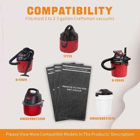 6 أكياس فلتر من قماش الغبار (موديل 9-38737) تعمل مع فلاتر مكنسة كهربائية من متجر بسعة 2 إلى 2.5 جالون ومكنسة كهربائية على شكل دلو باورهيد، تتضمن 6 أكياس مكنسة من متجر الحرفيين، و3 أشرطة تثبيت، وفرشاة واحدة in Kuwait