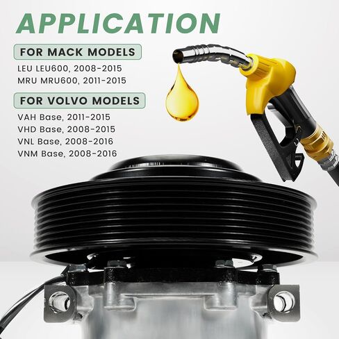 AC Compressor Fit for Mack LEU/MRU | for Volvo VNL/VNM/VAH/VHD, 2008 2009 2010 2011 2012 2013 2014 2015 2016#Replace CO4326, 206RD53M, 20721587 A/C Air Compressor in Saudi Arabia
