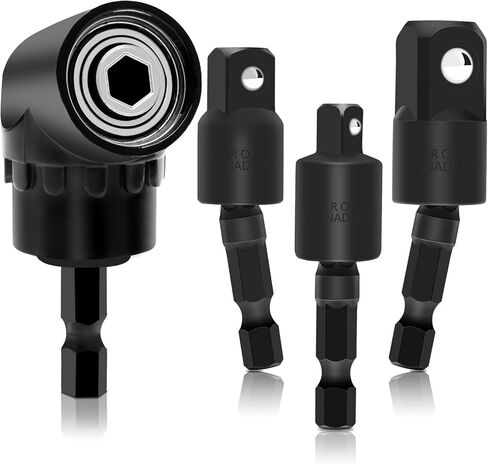 مجموعة محول مثقاب بزاوية يمنى 4 قطع، 3 قطع محول مقبس درجة تأثير قابل للتدوير مع محول مقابس مثقاب تأثير 1/4 3/8 1/2 بوصة / مفك مثقاب بزاوية يمنى 105 درجة in Kuwait