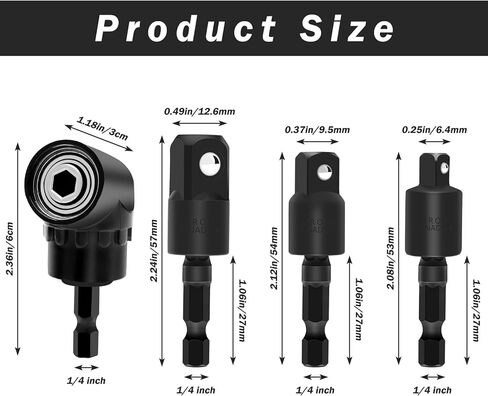 مجموعة محول مثقاب بزاوية يمنى 4 قطع، 3 قطع محول مقبس درجة تأثير قابل للتدوير مع محول مقابس مثقاب تأثير 1/4 3/8 1/2 بوصة / مفك مثقاب بزاوية يمنى 105 درجة in Kuwait