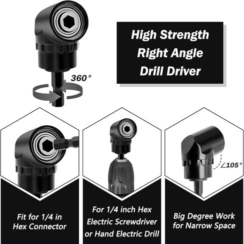 مجموعة محول مثقاب بزاوية يمنى 4 قطع، 3 قطع محول مقبس درجة تأثير قابل للتدوير مع محول مقابس مثقاب تأثير 1/4 3/8 1/2 بوصة / مفك مثقاب بزاوية يمنى 105 درجة in Kuwait