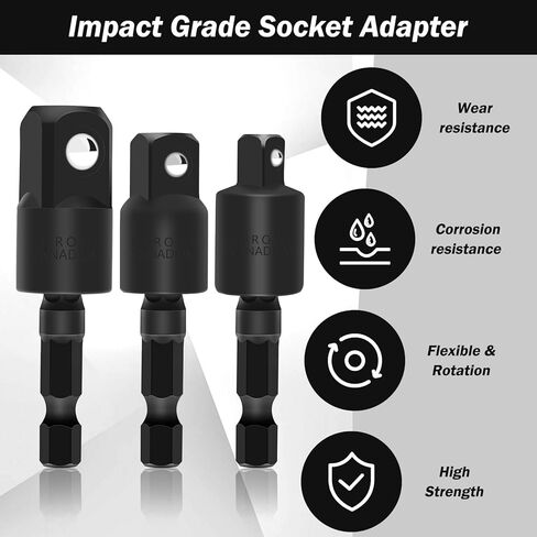 مجموعة محول مثقاب بزاوية يمنى 4 قطع، 3 قطع محول مقبس درجة تأثير قابل للتدوير مع محول مقابس مثقاب تأثير 1/4 3/8 1/2 بوصة / مفك مثقاب بزاوية يمنى 105 درجة in Kuwait