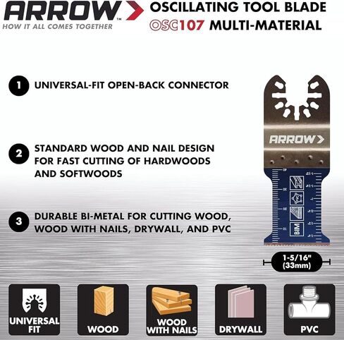 Arrow OSCELEC1-EK 4-Piece Oscillating Tool Accessory Kit for Drywall, PVC, Wood, Includes 2 Japanese Tooth Blades, 1 Standard Blade and 1 Titanium Coated Blade, Universal, Fits Most Multitools in Saudi Arabia