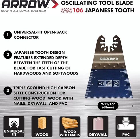 Arrow OSCELEC1-EK 4-Piece Oscillating Tool Accessory Kit for Drywall, PVC, Wood, Includes 2 Japanese Tooth Blades, 1 Standard Blade and 1 Titanium Coated Blade, Universal, Fits Most Multitools in Saudi Arabia