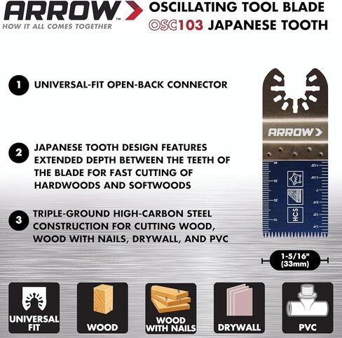 Arrow OSCELEC1-EK 4-Piece Oscillating Tool Accessory Kit for Drywall, PVC, Wood, Includes 2 Japanese Tooth Blades, 1 Standard Blade and 1 Titanium Coated Blade, Universal, Fits Most Multitools in Saudi Arabia