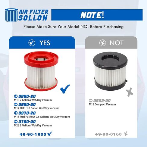 2 Pack 49-90-1900 HEPA Filter Replacement Compatible With Milwaukee Vacuum Cordless M18 2 Gallon Wet/Dry Vacuum, Model # 0880-20 0780-20 in Saudi Arabia