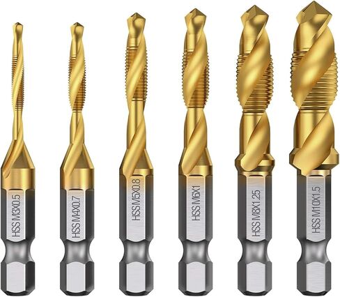 مجموعة 6 قطع (مترية M3-M10) من التيتانيوم لقم الحفر والصنبور، لقمة ثقب لولبية HSS SAE مقاس 1/4 بوصة مع أداة ثقب مركزية للحفر والتنصت والغطس in Kuwait
