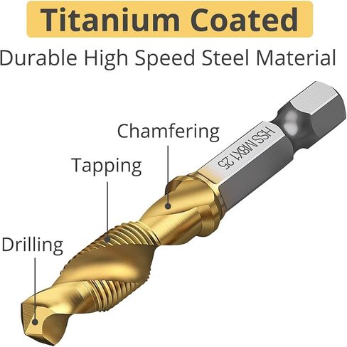 مجموعة 6 قطع (مترية M3-M10) من التيتانيوم لقم الحفر والصنبور، لقمة ثقب لولبية HSS SAE مقاس 1/4 بوصة مع أداة ثقب مركزية للحفر والتنصت والغطس in Kuwait