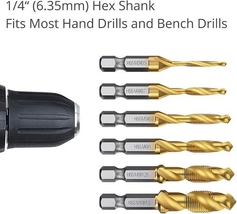 مجموعة 6 قطع (مترية M3-M10) من التيتانيوم لقم الحفر والصنبور، لقمة ثقب لولبية HSS SAE مقاس 1/4 بوصة مع أداة ثقب مركزية للحفر والتنصت والغطس in Kuwait
