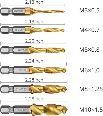 مجموعة 6 قطع (مترية M3-M10) من التيتانيوم لقم الحفر والصنبور، لقمة ثقب لولبية HSS SAE مقاس 1/4 بوصة مع أداة ثقب مركزية للحفر والتنصت والغطس in Kuwait