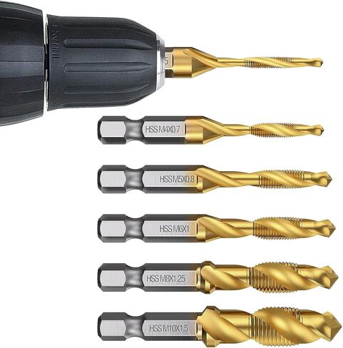 مجموعة 6 قطع (مترية M3-M10) من التيتانيوم لقم الحفر والصنبور، لقمة ثقب لولبية HSS SAE مقاس 1/4 بوصة مع أداة ثقب مركزية للحفر والتنصت والغطس in Kuwait