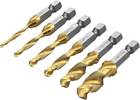 مجموعة 6 قطع (مترية M3-M10) من التيتانيوم لقم الحفر والصنبور، لقمة ثقب لولبية HSS SAE مقاس 1/4 بوصة مع أداة ثقب مركزية للحفر والتنصت والغطس in Kuwait