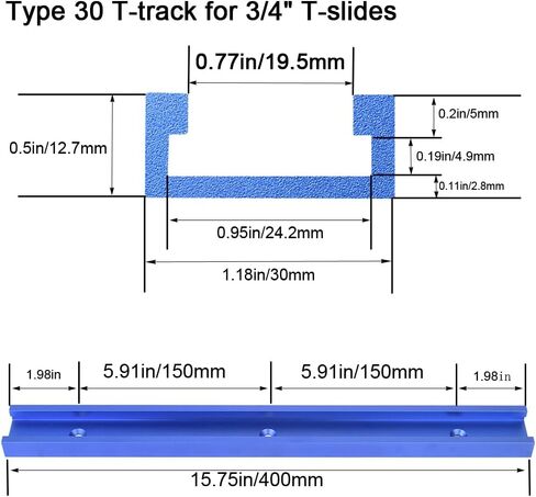 2pc Aluminum 400mm Double-Cut Profile Universal 3/4 Slot T-Track with Predrilled Mounting Holes and Wood Screws,30 Type T Track for Woodworking Jigs and Fixtures,Drill Press Table,(15.75in)-SV in Saudi Arabia