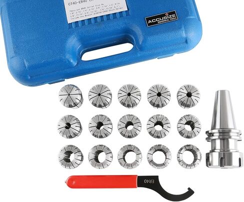 مجموعة Accusize Industrial Tools Cat40 Shank و15 قطعة Er40 Collet مع مفتاح ربط في صندوق قوي مُجهز، من 1/8 إلى 1 بوصة، Ct40-Er40 in Saudi Arabia