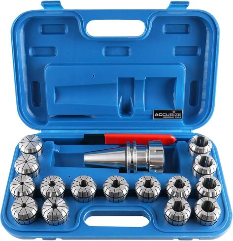 مجموعة Accusize Industrial Tools Cat40 Shank و15 قطعة Er40 Collet مع مفتاح ربط في صندوق قوي مُجهز، من 1/8 إلى 1 بوصة، Ct40-Er40 in Saudi Arabia