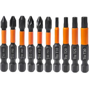 10pcs Magnetic Phillips PoziDriv Torx Screwdriver Bit Set, 50mm/2" Long Impact Driver Bits, Pozi Phillips Cross Head Drill Bits Set Torx Bit Set, 1/4 Hex Shank Screw Driver Bits
