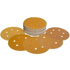 50 PCS 6 Inch 6 Hole Gold Sanding Disc Kit -10 Each of 80, 120, 220, 320, 400 Grits, 6" Hook & Loop Backing Sandpaper for DA Sander, Sanding Automotive Paint, Woodworking Wood, Metal