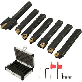 BestEquip Indexable Carbide Tools 1/4" Industrial Lathe Tools 7Pcs/Set Turning Tool Set Super-hard 40cr Mental Lathe Tools Inserts Carbide Tool Holder for Lathe in Black with Portable Case