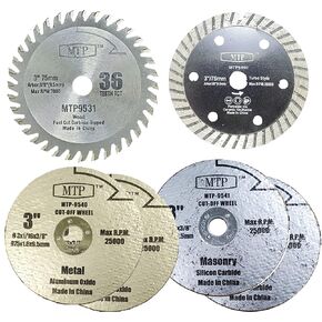 MTP 3" (75mm) 3" x 3/8" x Wood PLastic Metal Tile (3/8" 9.5mm arbor) Cutting Blade Compatible for Ryobi Worx Milwaukee Dewalt Cut Off Saw (6 Assorted 3" Blades)