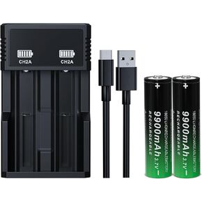 18650 Rechargeable Battery 3.7V Large Capacity 9900mAh Button Top for Headlamp Led Flashlight（2 Pack,18650 Battery+Charger