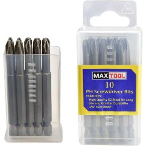 MaxTool 10PCs PHsx3" Assorted Screwdriver Bit Set; Phillips Head #1, 2, 3; 3" OAL; 1/4" Hex; S2 Premium Alloy Tool Steel; PHsx3P10-S2