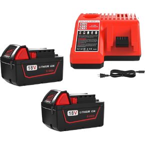 2 Pack 5.0Ah M18 Battery and N12 N18 Charger Replacement for Milwaukee M18 Lithium ion Battery 48-11-1850, Compatible with Milwaukee M18 Cordless Power Tools, and Milwaukee M12 & M18 Battery Charger
