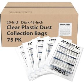 POWERTEC 70002-Case15 Clear Plastic Dust Collection Bags, 20" x 43" | Dust Collector Bags for machine with 20" Filter Drum, Case of 75 Pcs