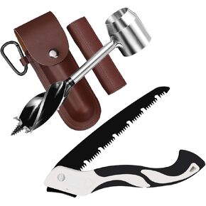 Survival Tool Sets for Bushcraft Settlers with Folding Saw, Manual Drill Wrench, Scotch Eye Auger Drill and Hand Hole Maker for Camping, Outdoor, Bushcrafting with Protective Case and Hook