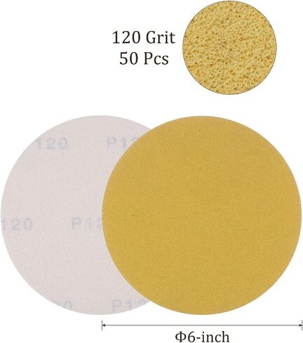 50pcs No Hole Sanding Discs- [ 6 Inch 120 Grit ] Round Hook and Loop Grip Sanding Pads Sandpaper for Automotive Woodworking Metal Polishing Use| Gold, Aluminum Oxide in Saudi Arabia