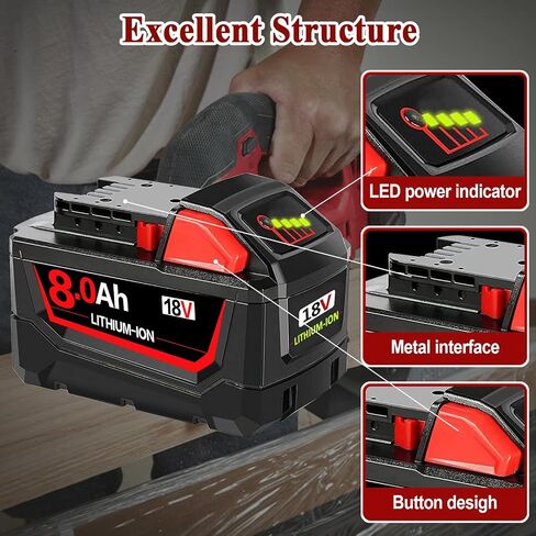 2 حزم 8.0AH استبدال البطارية لبطارية Milw M-18 المتوافقة مع أدوات الطاقة اللاسلكية Milw 18V M-18 بطارية ليثيوم 48-11-1852 48-11-1850 48-11-1862 48-11-1812 in Saudi Arabia