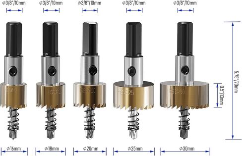 5PCS 16/18.5/20/25/30mm(5/8" to 1-3/16") HSS Hole Saw Cutter, Drill Bit Hole Saw Set Door Hole Drilling Kit for Stainless Steel, Aluminum Alloy, Copper, Iron, Plastic and Wood(Ti-Plating) in Saudi Arabia
