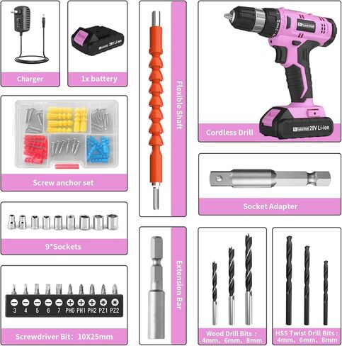 Cordless Drill Set, 20V Electric Power Drill with Battery And Charger, Torque 30N, 21+1 Torque Setting, 3/8-Inch Keyless Chuck, Drill Driver Bits Kit, with LED Electric Drill Set. in Saudi Arabia