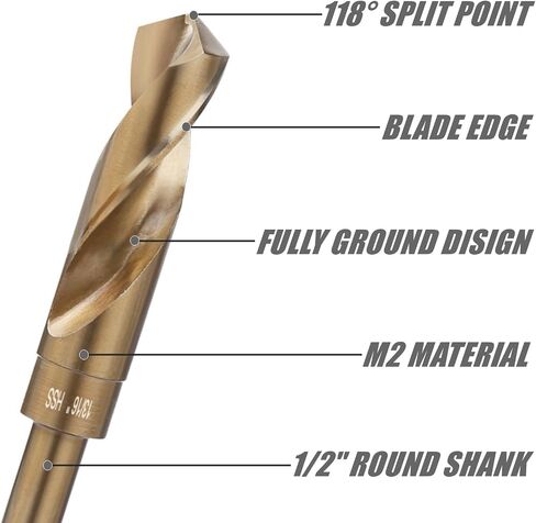 1-1/2'' Twist Drill Bit, HSS M2 Quick Change Jobber Drill Bit with 1/2'' Round Shank, 118 Degree Split Point, Ideal for Steel, Copper, Aluminum, Zinc Alloy, Wood and Plastic in Kuwait