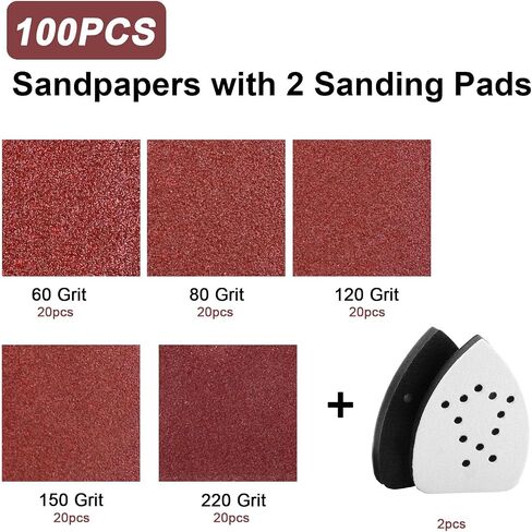 Mouse Detail Sander Sandpaper 100PCS with 2 Pack Sanding Pads, 60 80 120 150 220 Grit Sandpaper Assortment for Mouse Palm Sanders in Saudi Arabia