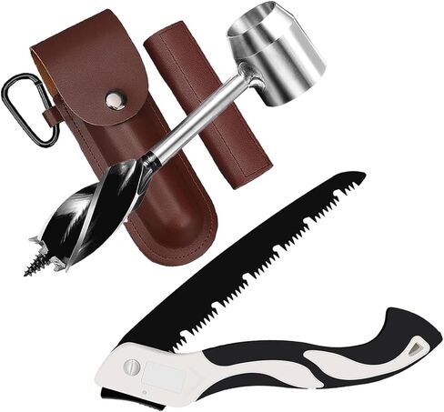 Survival Tool Sets for Bushcraft Settlers with Folding Saw, Manual Drill Wrench, Scotch Eye Auger Drill and Hand Hole Maker for Camping, Outdoor, Bushcrafting with Protective Case and Hook in Kuwait