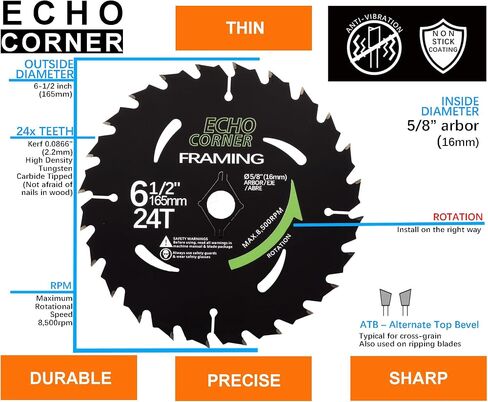6-1/2" Wood Cutting Circular Saw Blade Heavy Duty Combo Pack, 48Tooth+24Tooth 5/8" Arbor Non-Stick Coating in Saudi Arabia
