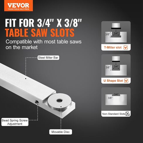 VEVOR Precision Miter Gauge, Standard Slot 3/4'' x 3/8'', Aluminum Alloy Table Saw Miter Gauge with 19-35 in Grating 15 Angle Stops Adjustable Spring Loaded Plunger and Removable Disc, for Woodworking in Saudi Arabia