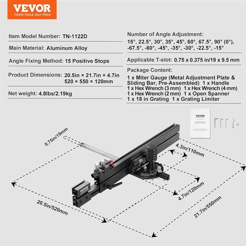 VEVOR Precision Miter Gauge, Standard Slot 3/4'' x 3/8'', Aluminum Alloy Table Saw Miter Gauge with 19-35 in Grating 15 Angle Stops Adjustable Spring Loaded Plunger and Removable Disc, for Woodworking in Saudi Arabia