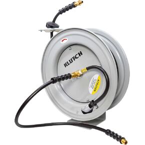 Klutch Auto-Rewind Air Hose Reel, with 3/8in. x 75ft. Rubber Hose, 300 PSI, Model# TLEXR3875-NT