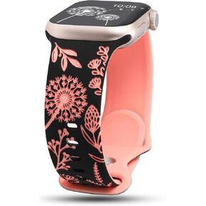 Wearlizer Floral Engraved Band Compatible with Apple Watch Bands 41mm 40mm 38mm 49mm 45mm 44mm 42mm Women, Two-Tone Flower Soft Silicone Cute Sport Strap for iWatch Series 9 8 7 6 5 4 3 2 1 SE Ultra 2