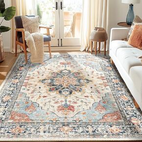 5x7 Area Rugs 5x7, Washable Rug, Non-Slip, Rugs for Living Room, Kitchen Rugs, Rugs for Bedroom Entryway Rug, Vintage Rugs Boho Floral Medallion, Low Pile, Soft, Teal Green Lake Bluee