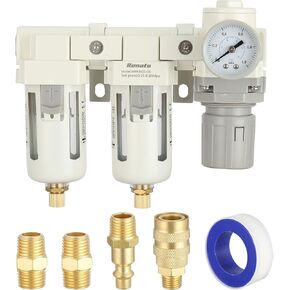 3/8" NPT Three Stage Air Drying System - 5 Micron Particulate Filter Air Pressure Regulator Combo - 0-125psi Gauge, Semi-Auto Drain, Metal Bracket