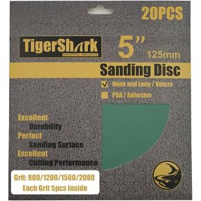 TigerShark 5inch No Hole Film Sanding discs Hook and Loop Wet & Dry Grit 800/1200/1500/2000 5 Pcs Each Assortment